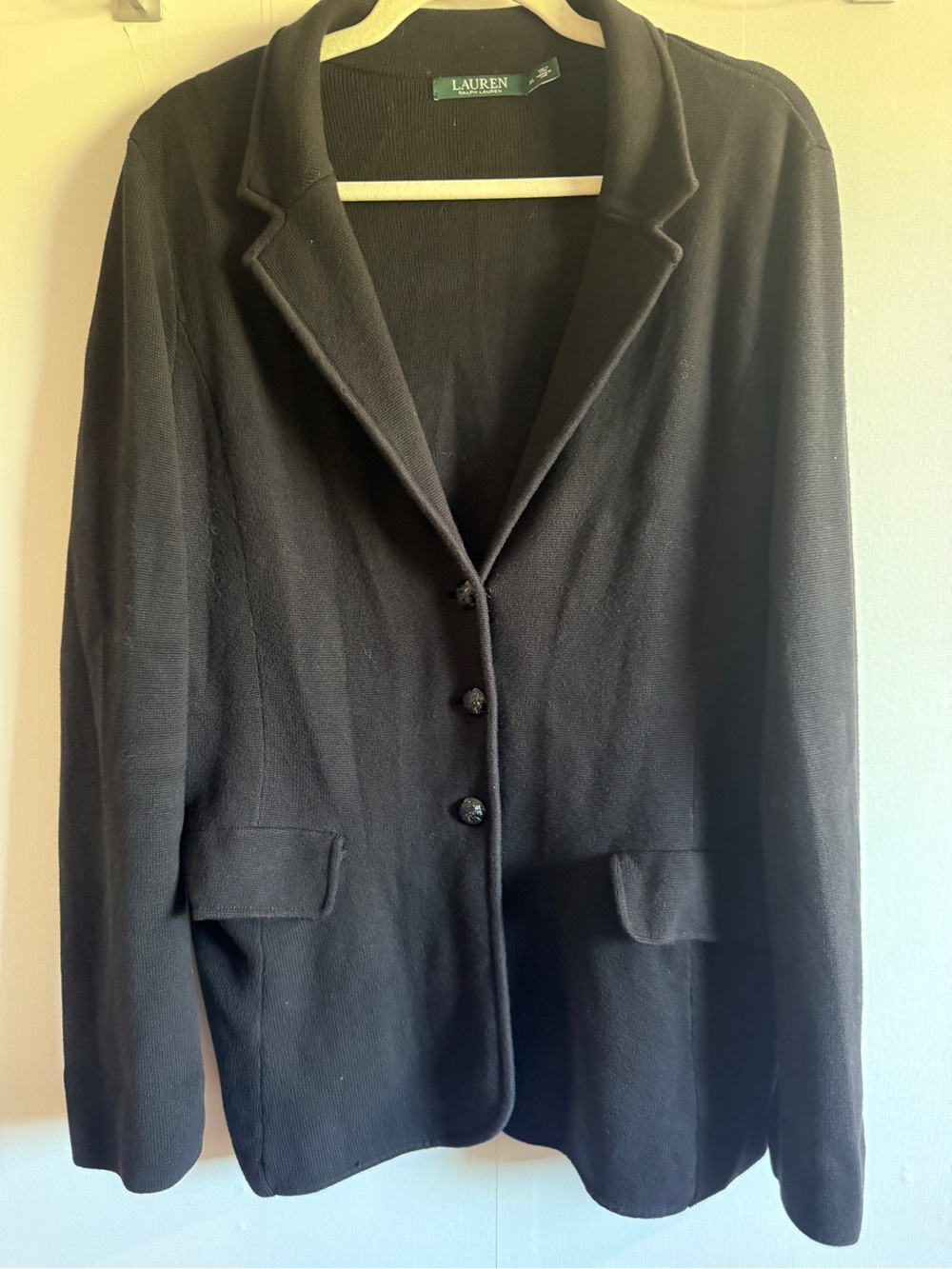 Lauren Ralph Lauren XL Black Cotton Knit Blazer Cardigan Jacket Classic Preppy